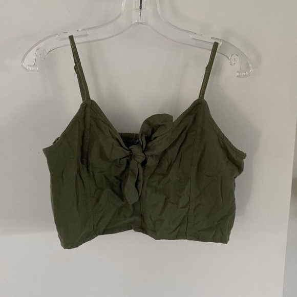 aerie Tops - AERIE tie front cami crop knit smocked olive green cotton linen-look